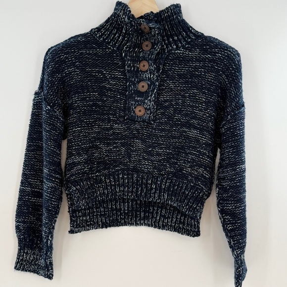 NWT Anthropologie Pilcro Mega Cropped Henley Sweater Polo Navy Size X-Small